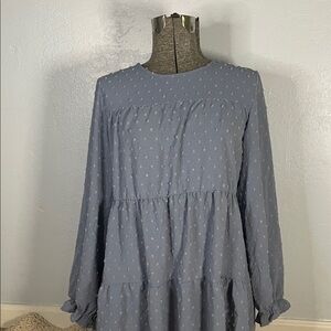 Dusty Blue Long Sleeve Swiss Dot Tiered Shirt